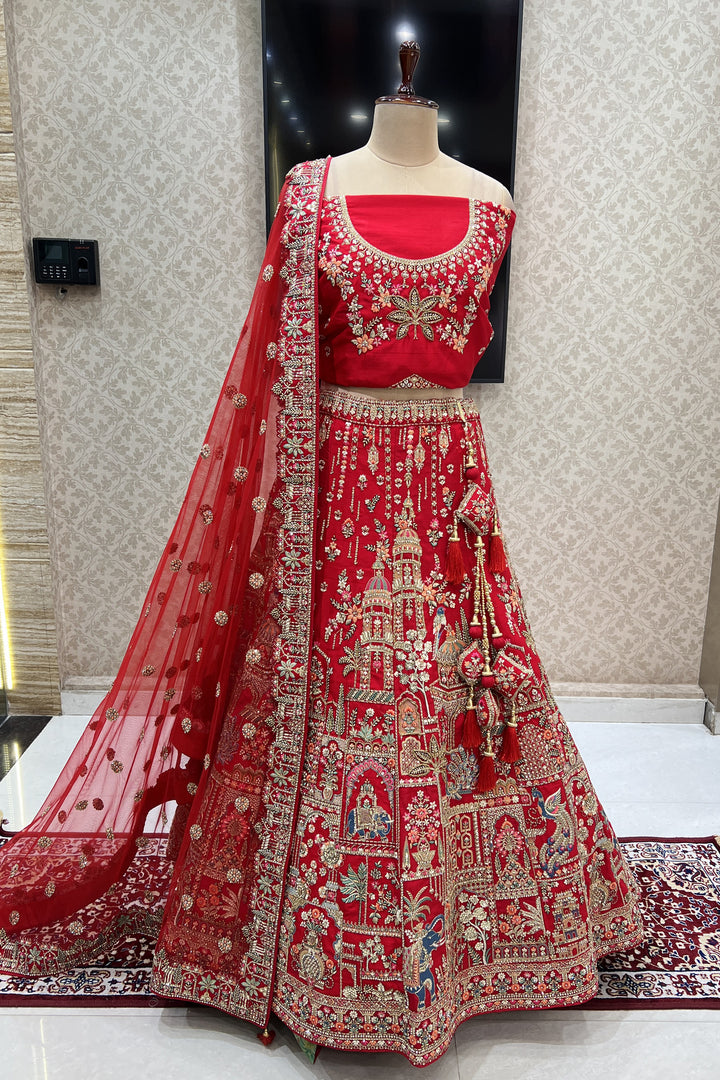 Red Embroidery, Stone and Zari work Semi Stitched Designer Bridal Lehenga