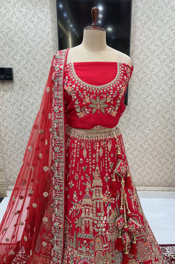 Red Embroidery, Stone and Zari work Semi Stitched Designer Bridal Lehenga