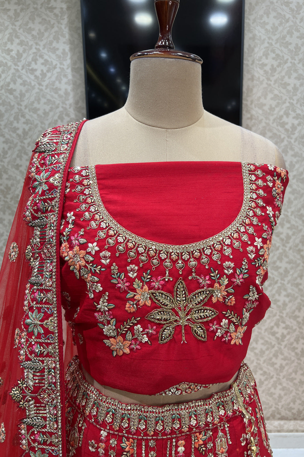 Red Embroidery, Stone and Zari work Semi Stitched Designer Bridal Lehenga