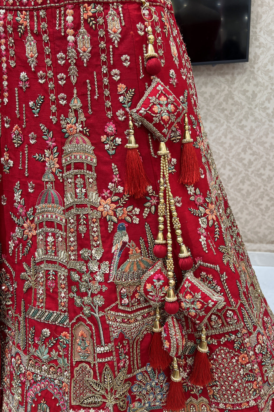 Red Embroidery, Stone and Zari work Semi Stitched Designer Bridal Lehenga