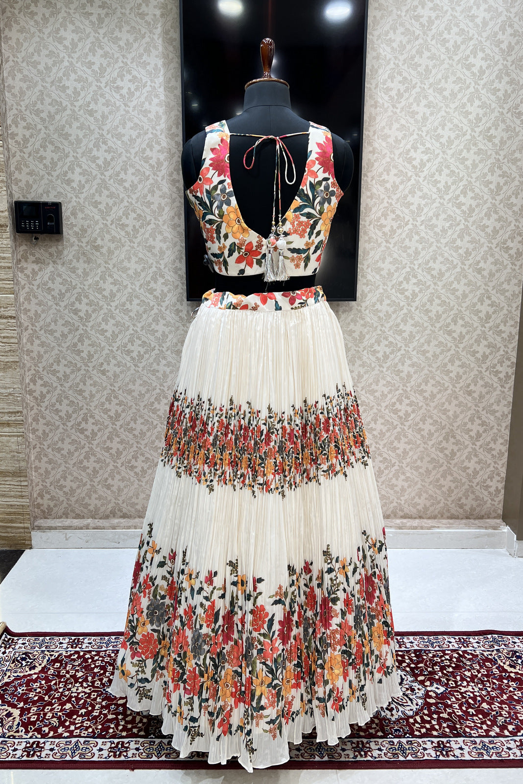 Cream Floral Print, Beads, Sequins and Zardozi work Crop Top Lehenga