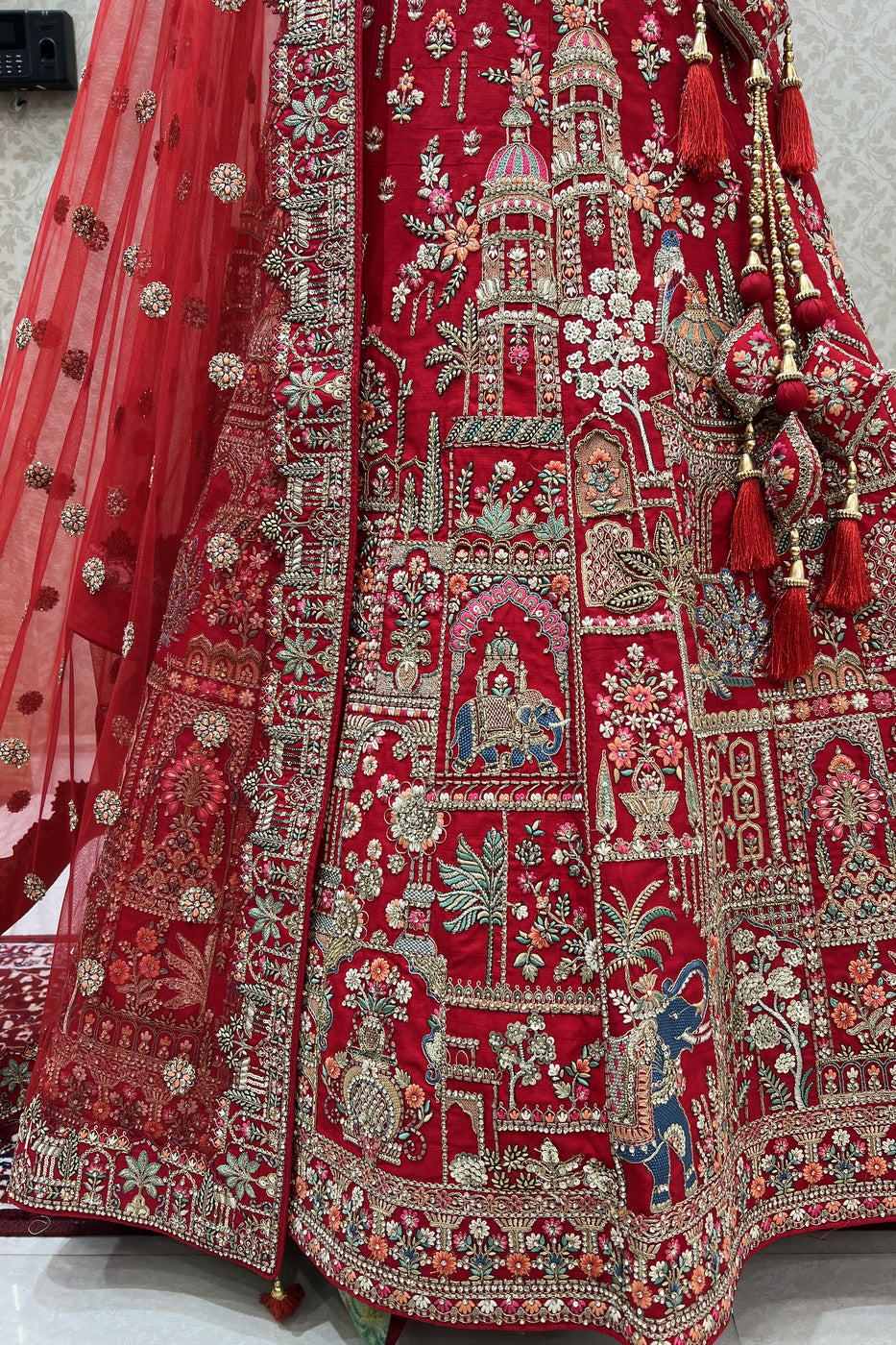 Red Embroidery, Stone and Zari work Semi Stitched Designer Bridal Lehenga