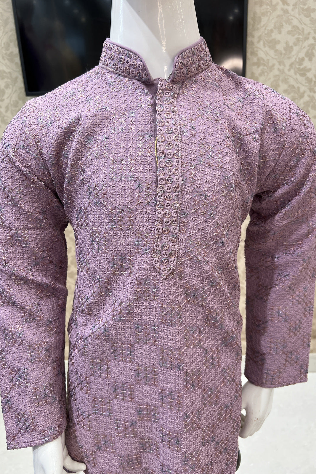 Lilac with White Lucknowi Thread work Kurta Set for Boys