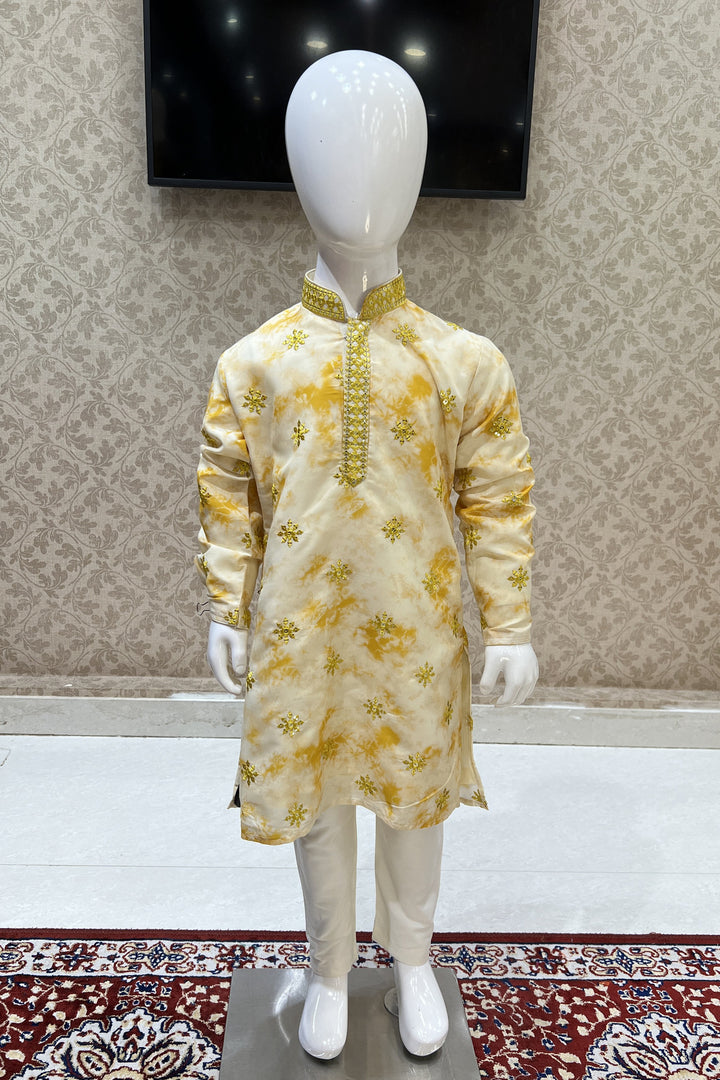 Cream with Yellow Tie and Dye Print, Thread and Sequins work Kurta Set for Boys