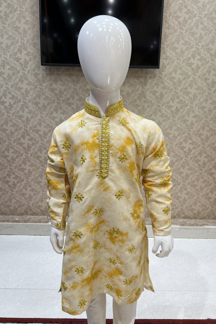 Cream with Yellow Tie and Dye Print, Thread and Sequins work Kurta Set for Boys