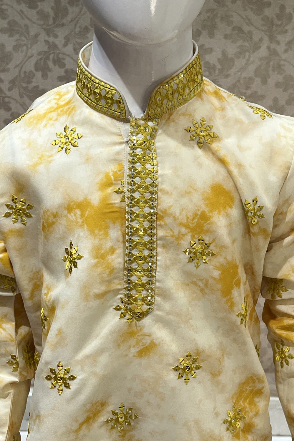 Cream with Yellow Tie and Dye Print, Thread and Sequins work Kurta Set for Boys