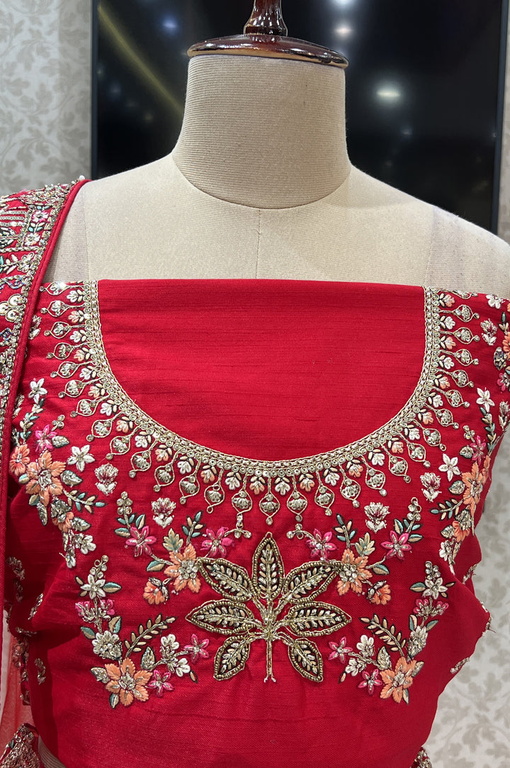 Red Embroidery, Stone and Zari work Semi Stitched Designer Bridal Lehenga