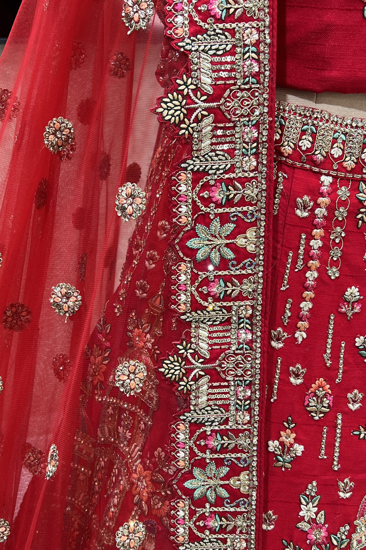 Red Embroidery, Stone and Zari work Semi Stitched Designer Bridal Lehenga