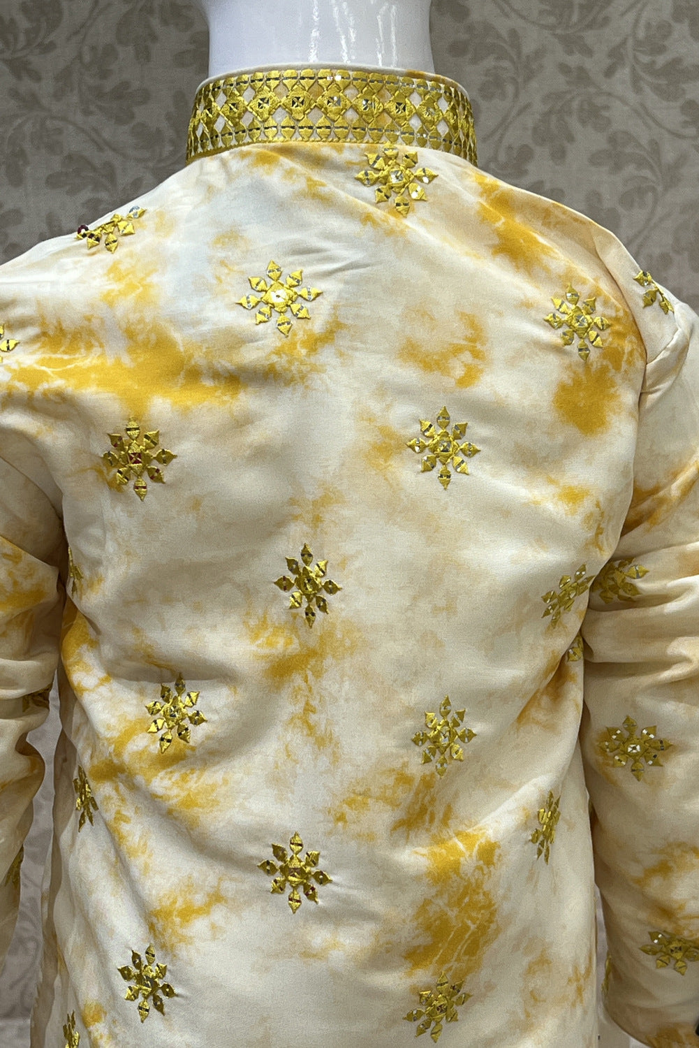 Cream with Yellow Tie and Dye Print, Thread and Sequins work Kurta Set for Boys