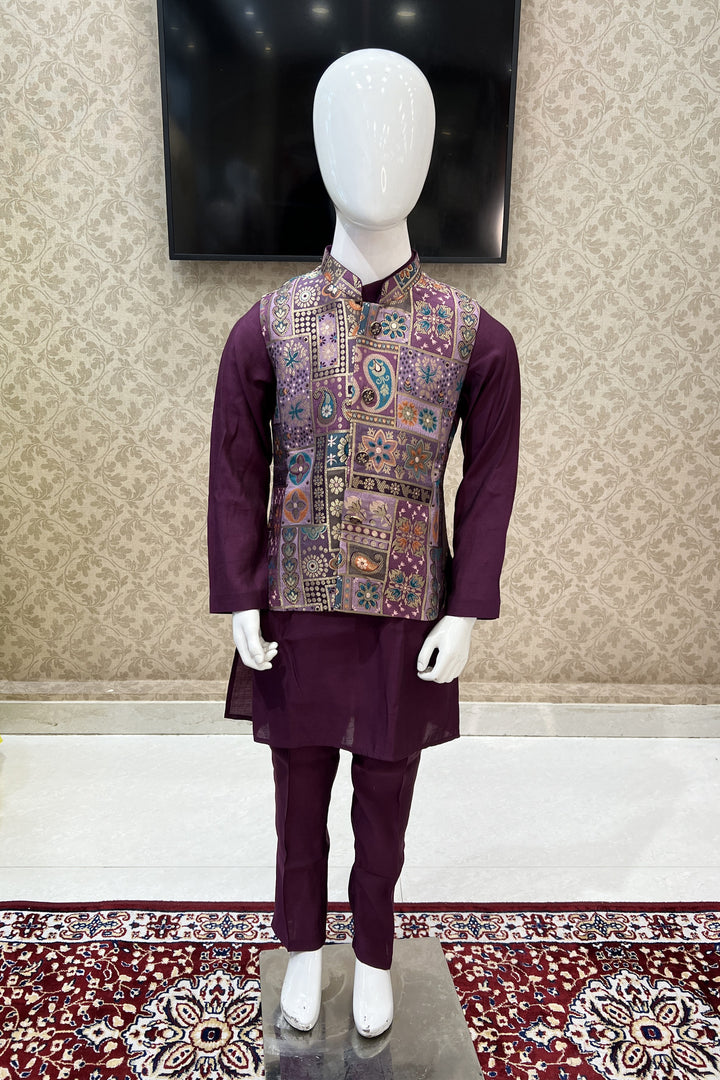 Wine Banaras work Waist Coat Kurta Set for Boys