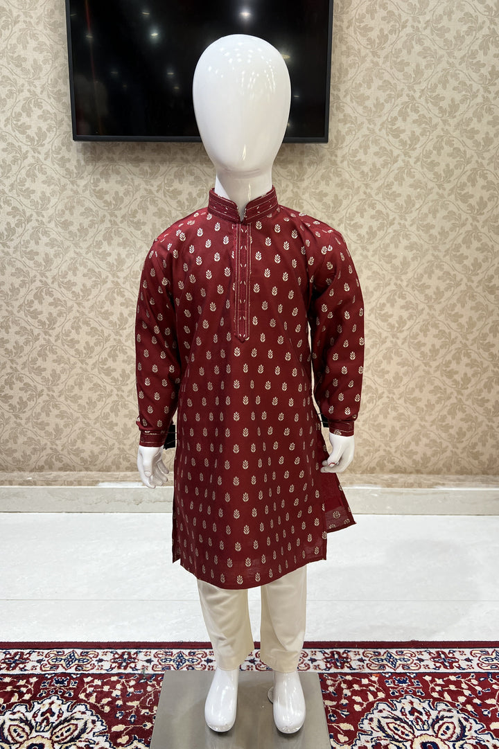 Maroon with Cream Zari work Kurta Set for Boys