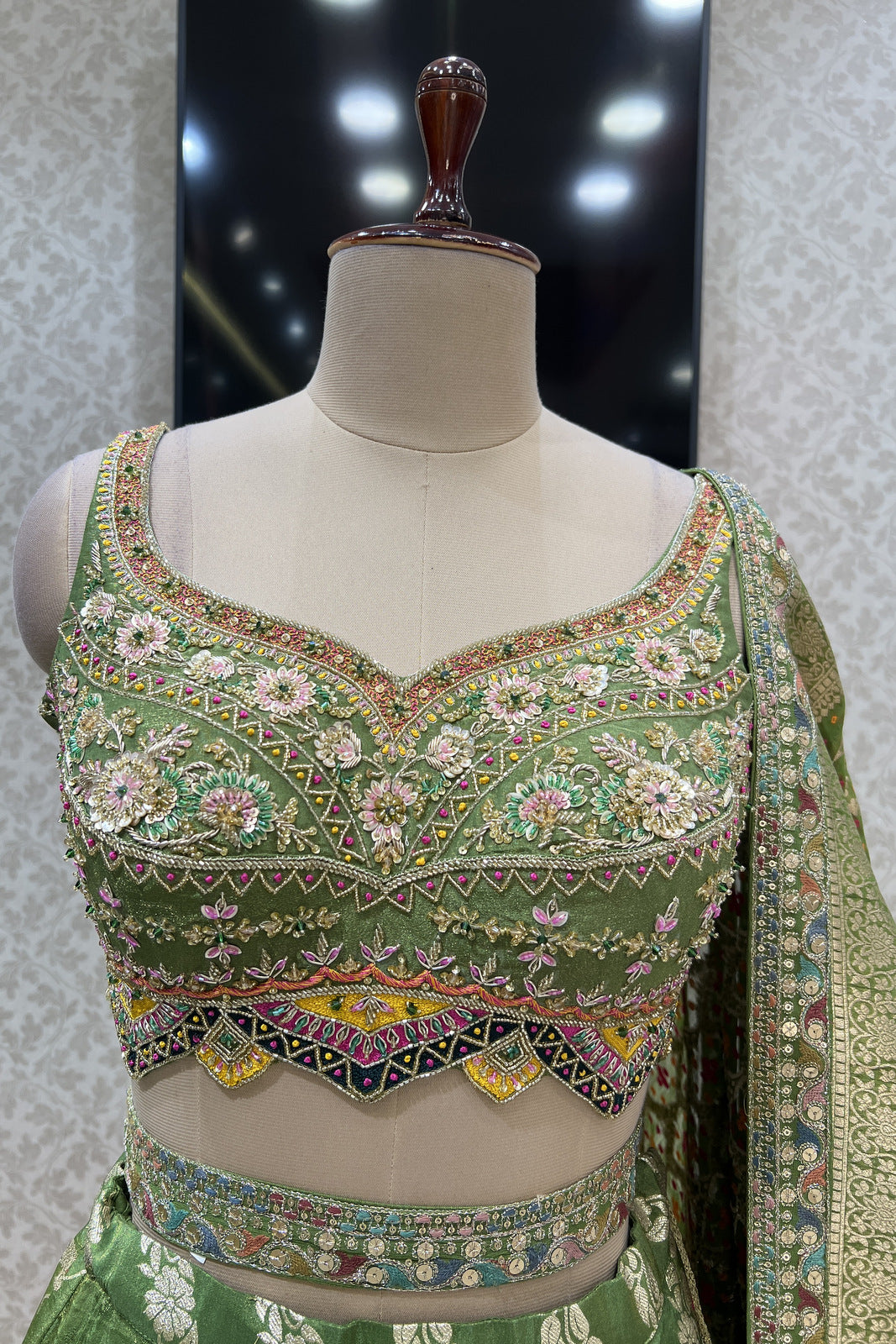 Pista Green Zardozi, Beads, Sequins and Thread work Crop Top Lehenga with Belt