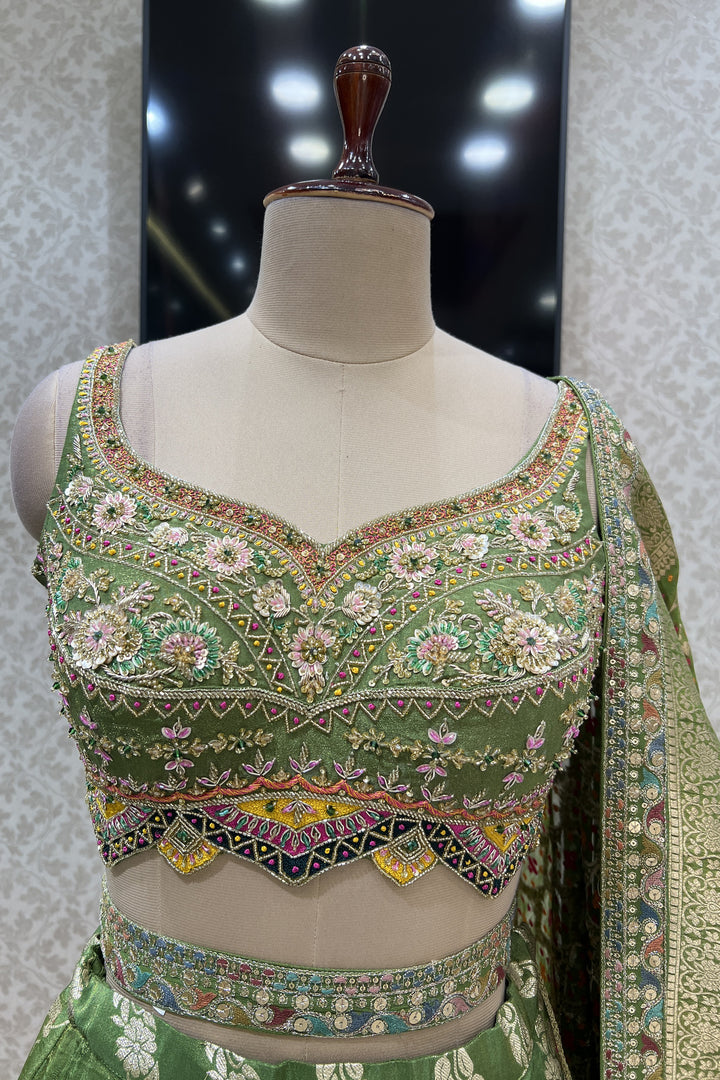 Pista Green Zardozi, Beads, Sequins and Thread work Crop Top Lehenga with Belt