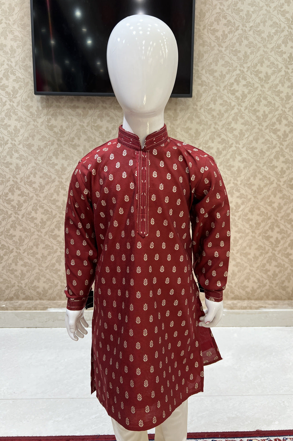 Maroon with Cream Zari work Kurta Set for Boys