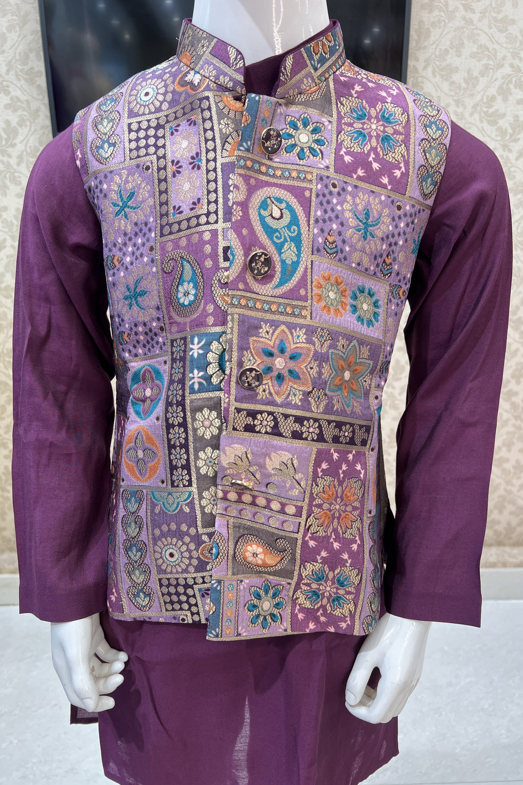 Wine Banaras work Waist Coat Kurta Set for Boys