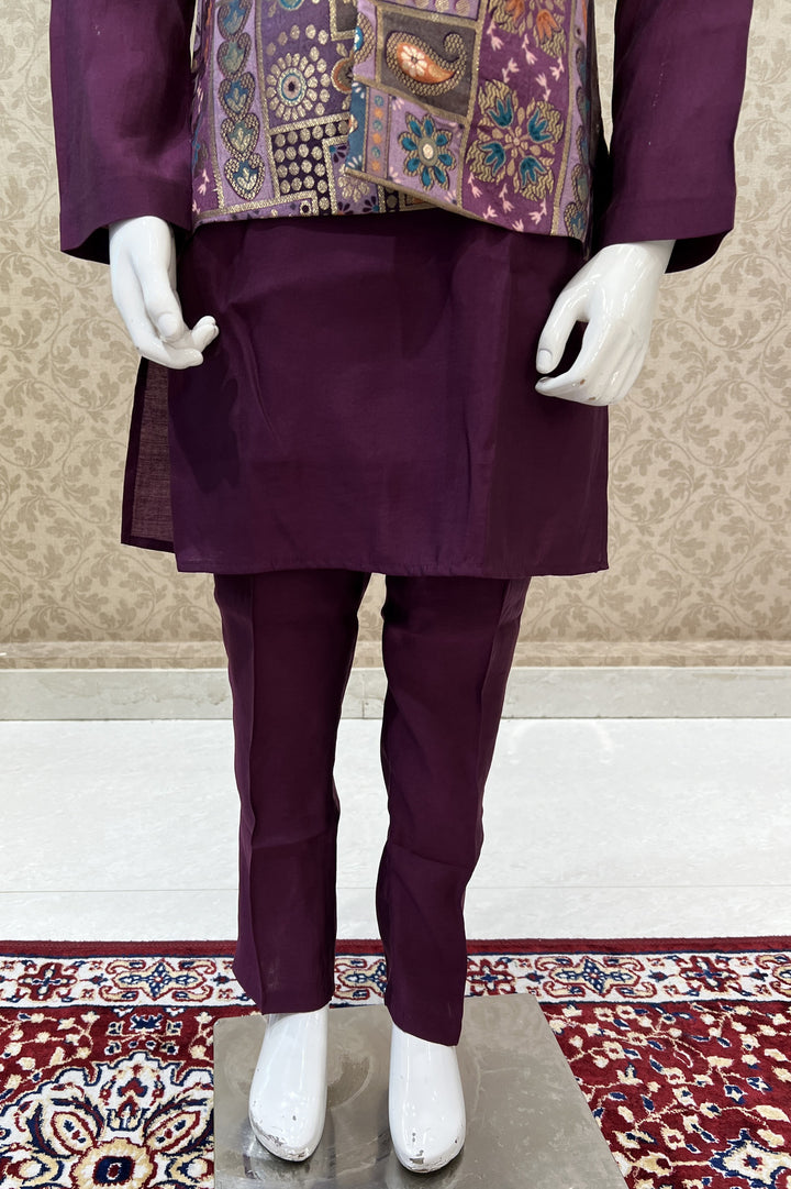 Wine Banaras work Waist Coat Kurta Set for Boys