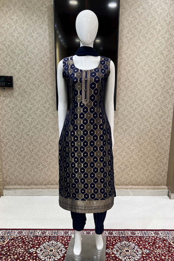 Navy Blue Banaras work Straight Cut Salwar Suit