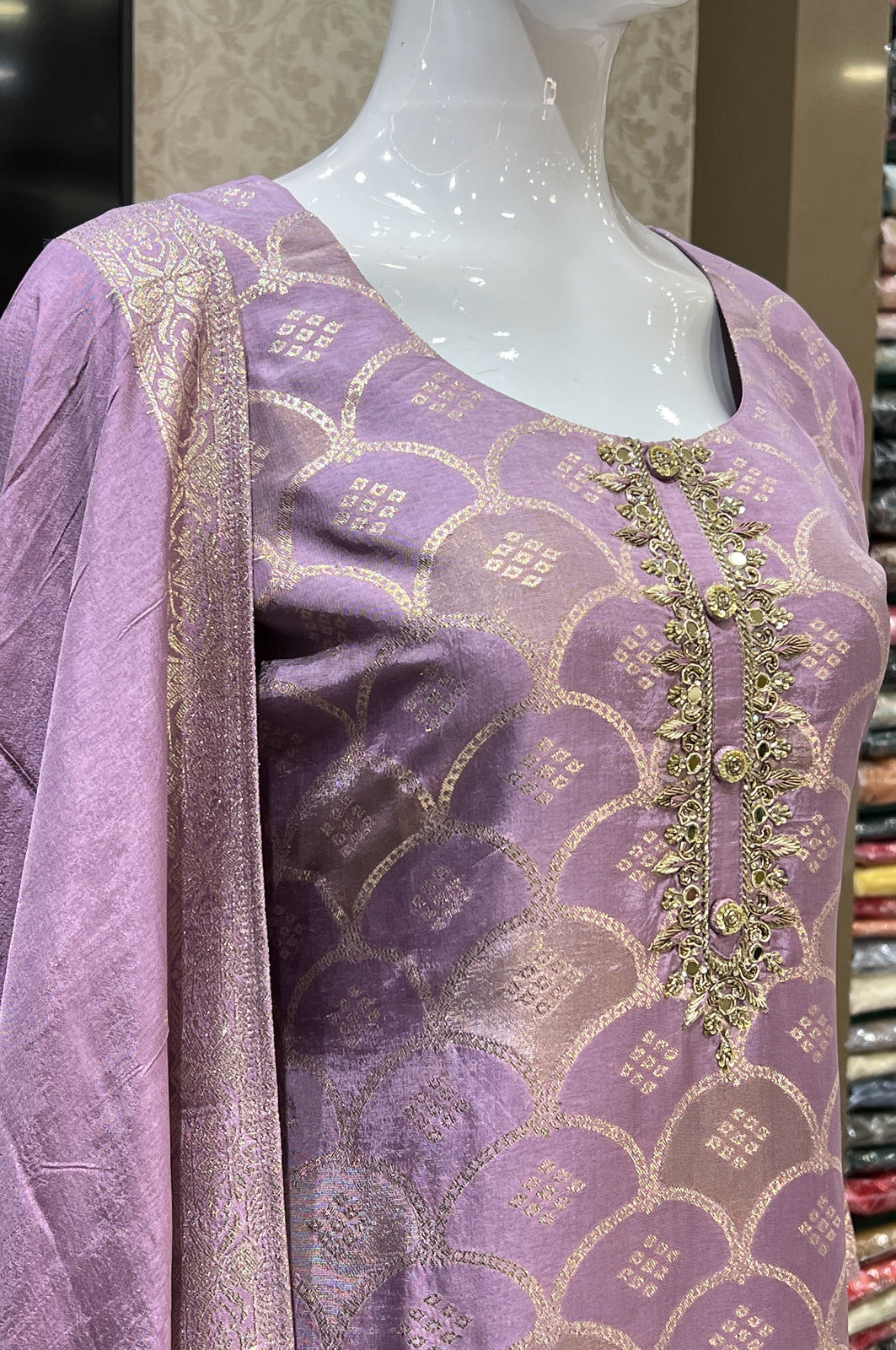 Lilac Zardozi, Mirror, Beads and Banaras work Straight Cut Salwar Suit