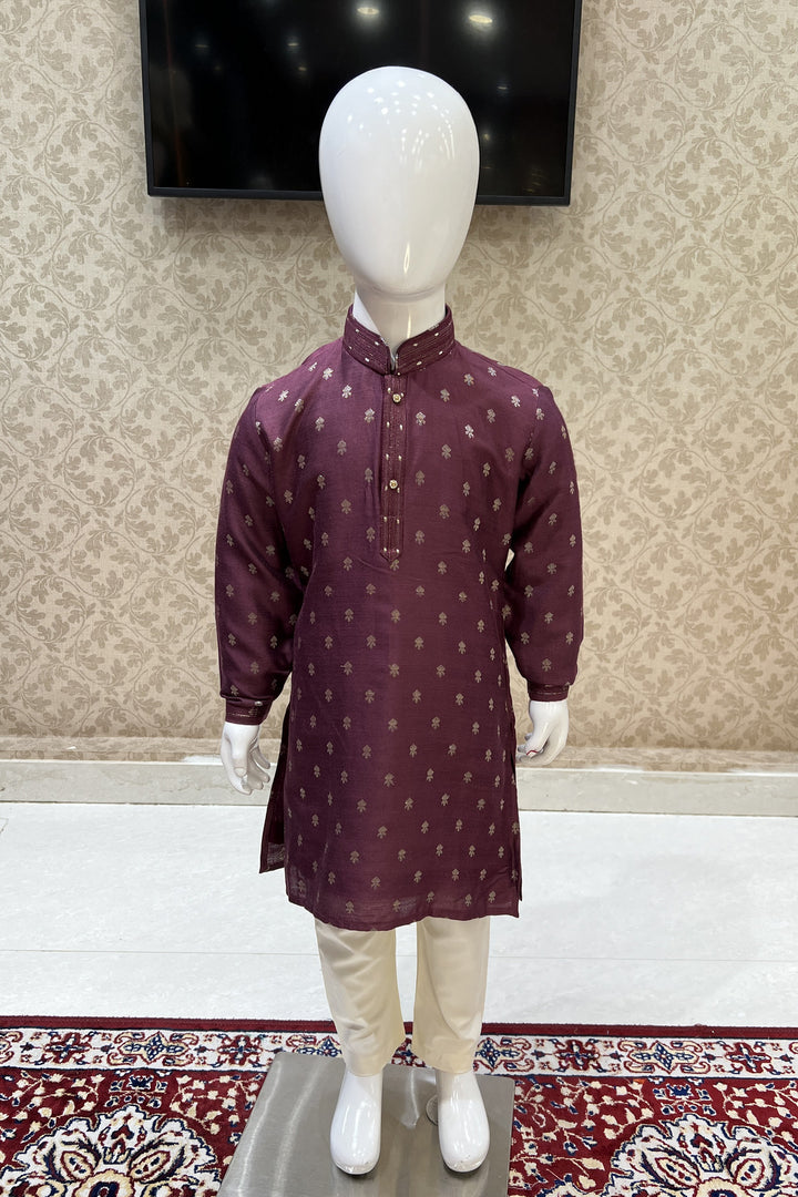 Wine with Cream Zari work Kurta Set for Boys