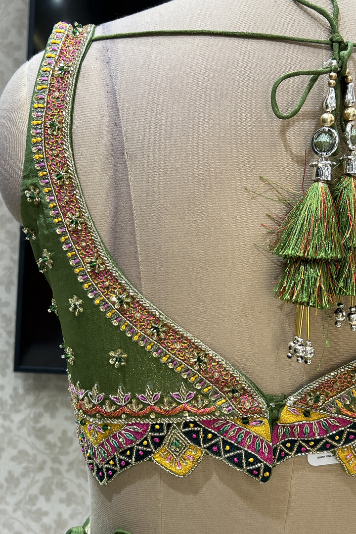 Pista Green Zardozi, Beads, Sequins and Thread work Crop Top Lehenga with Belt