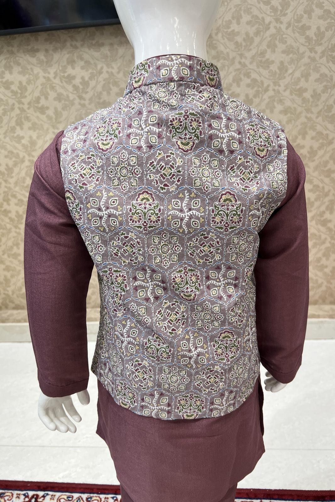 Dark Onion with Grey Multicolor Embroidery work Waist Coat Kurta Set for Boys