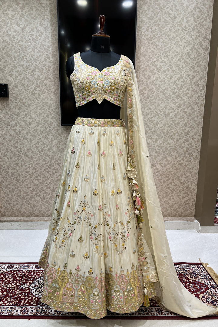 Cream Multicolor Embroidery, Gota Patti, Sequins and Zari work Crop Top Lehenga