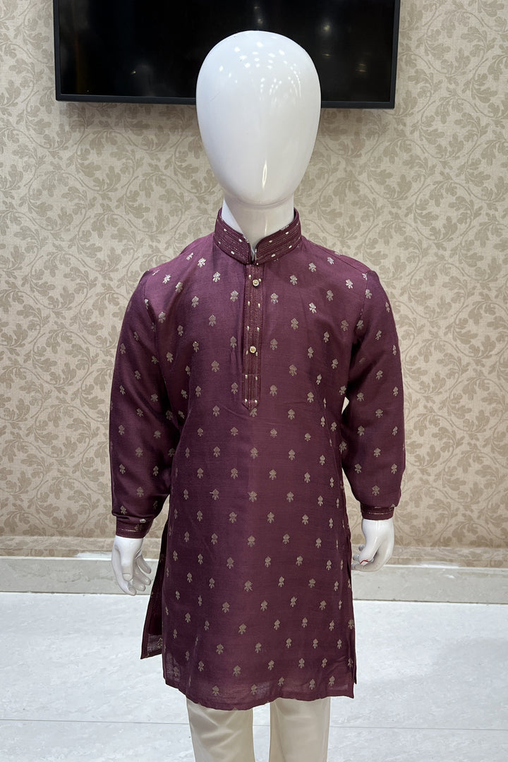 Wine with Cream Zari work Kurta Set for Boys