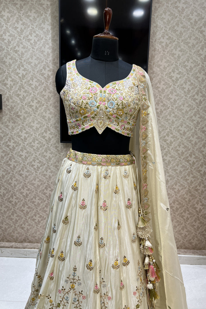 Cream Multicolor Embroidery, Gota Patti, Sequins and Zari work Crop Top Lehenga