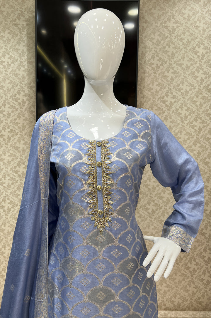 Sky Blue Zardozi, Mirror, Beads and Banaras work Straight Cut Salwar Suit