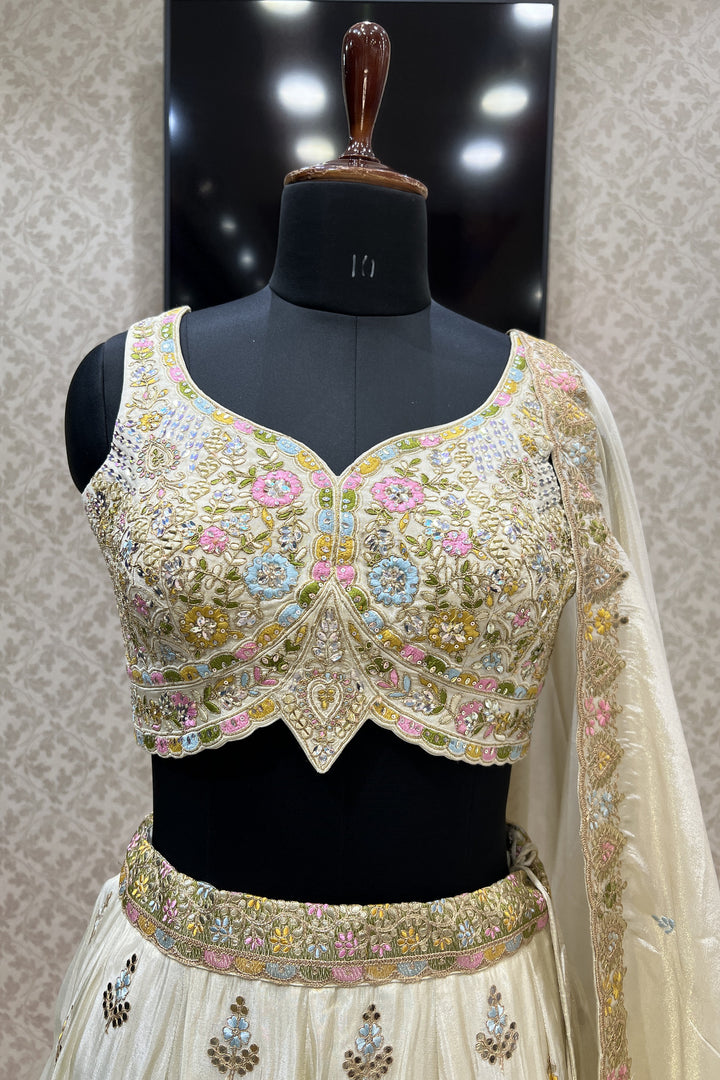 Cream Multicolor Embroidery, Gota Patti, Sequins and Zari work Crop Top Lehenga