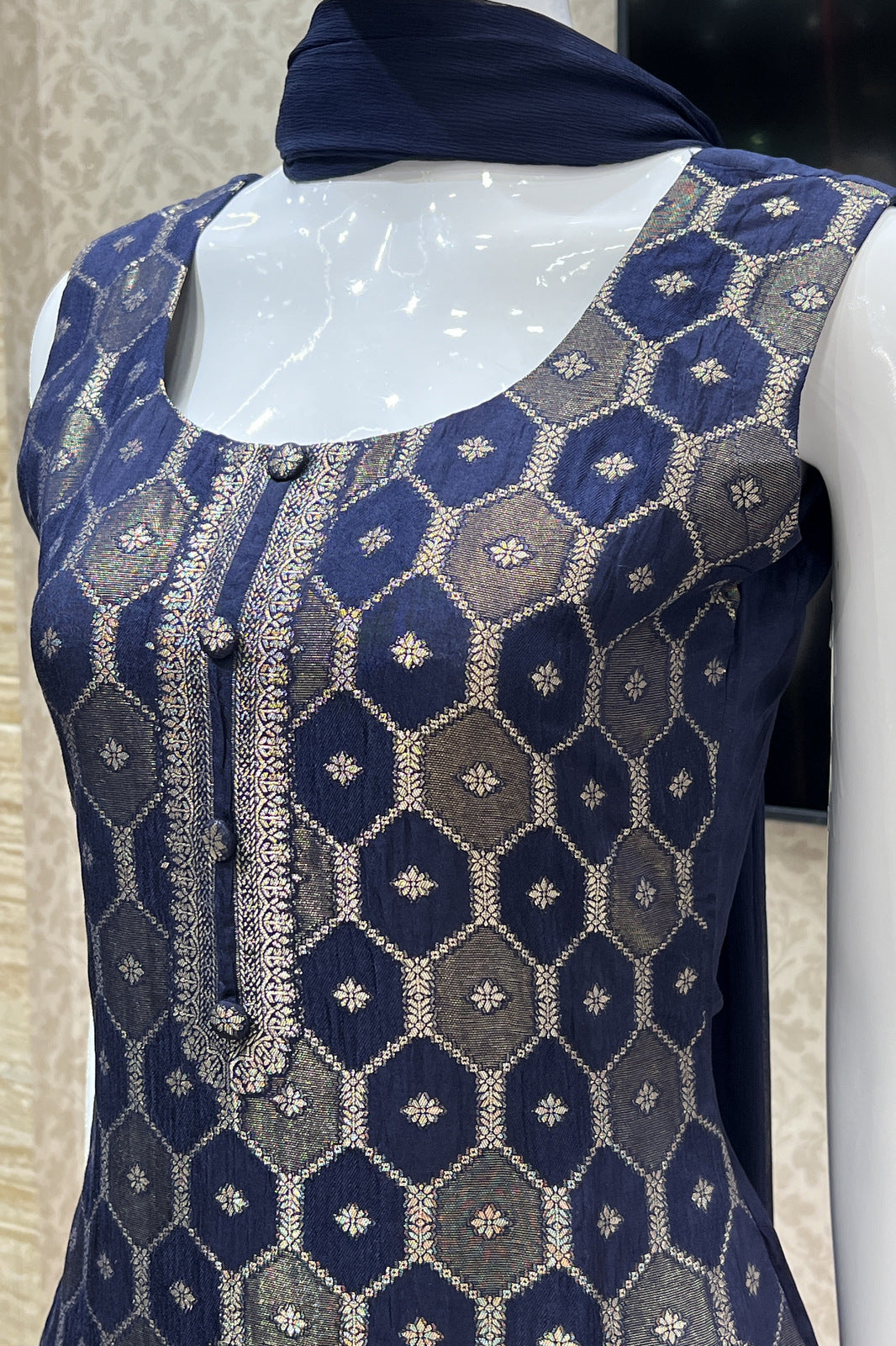 Navy Blue Banaras work Straight Cut Salwar Suit