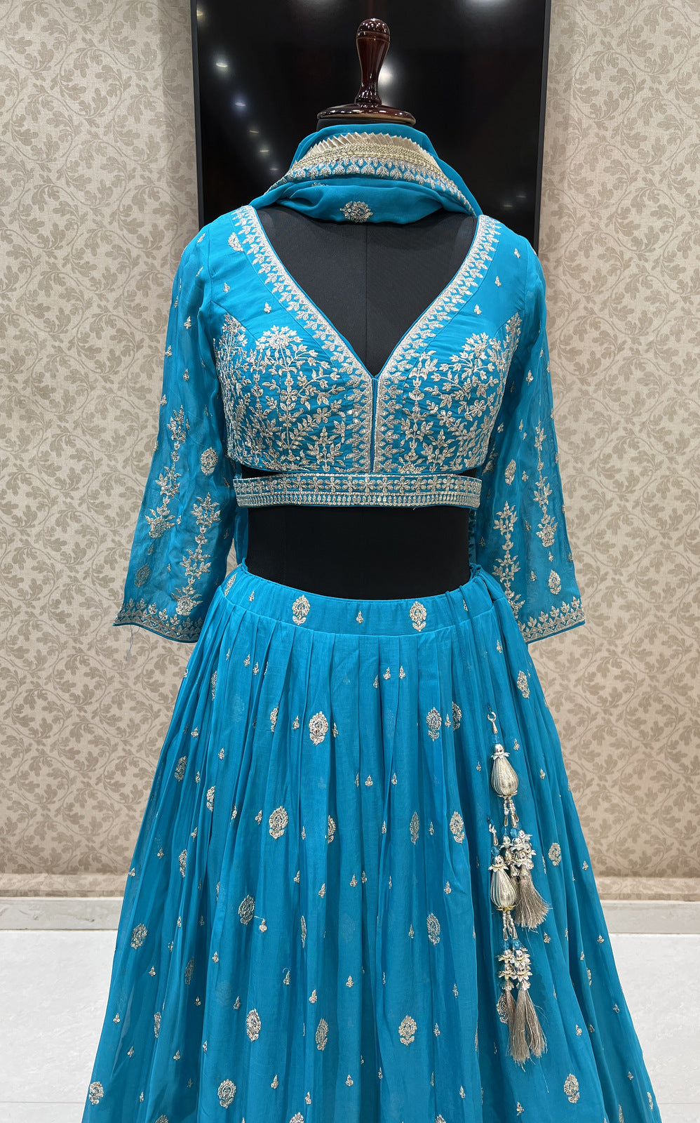 Ice Blue Lehenga With Pearl And Silver Kalli Work - Nivedita Pret & Couture