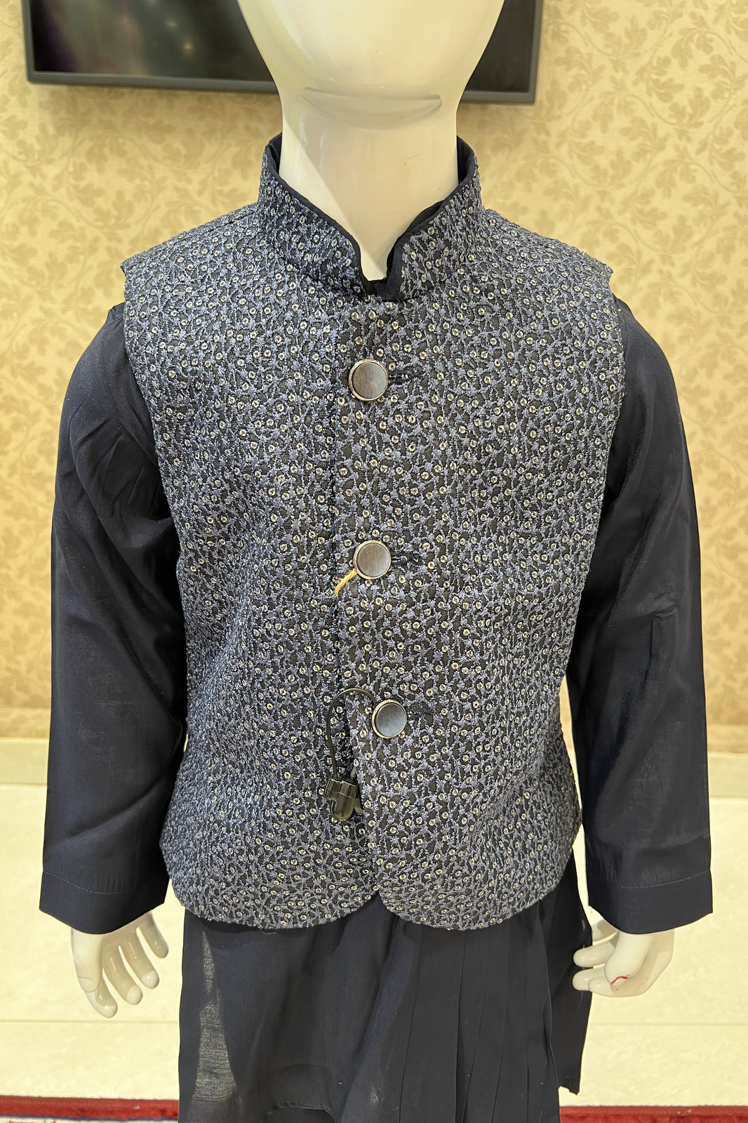 Navy Blue Embroidery and Sequins work Waist Coat Kurta Set for Boys