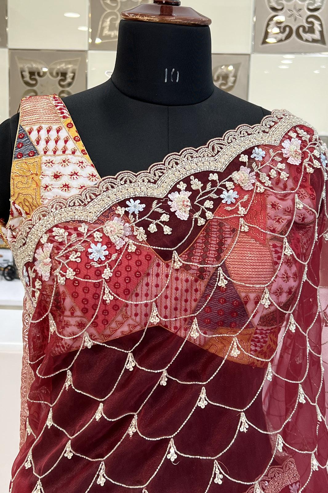 Maroon Sequins, Beads and Pearl work Saree with Matching Unstitched Designer Blouse - Seasons Chennai