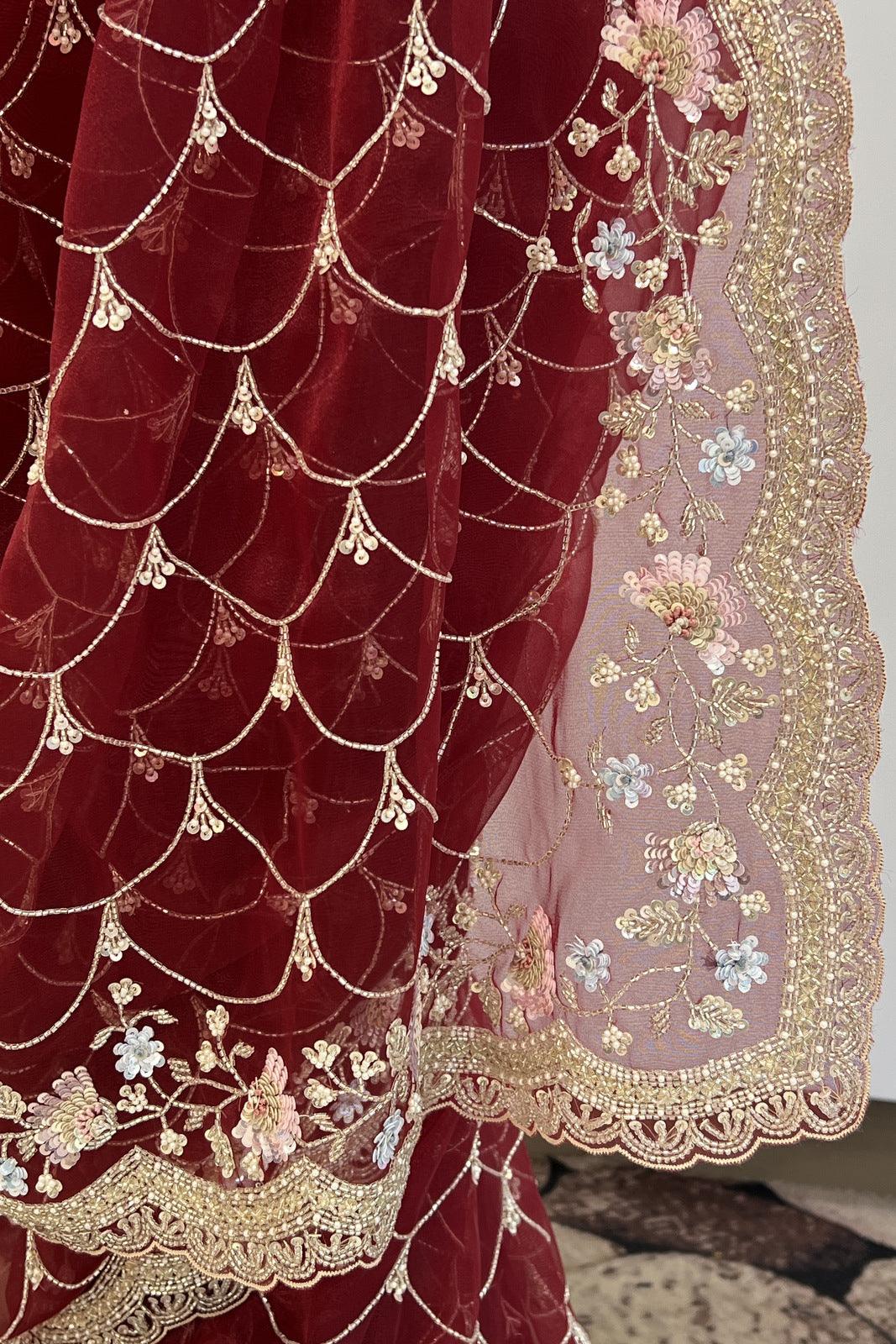 Maroon Sequins, Beads and Pearl work Saree with Matching Unstitched Designer Blouse - Seasons Chennai