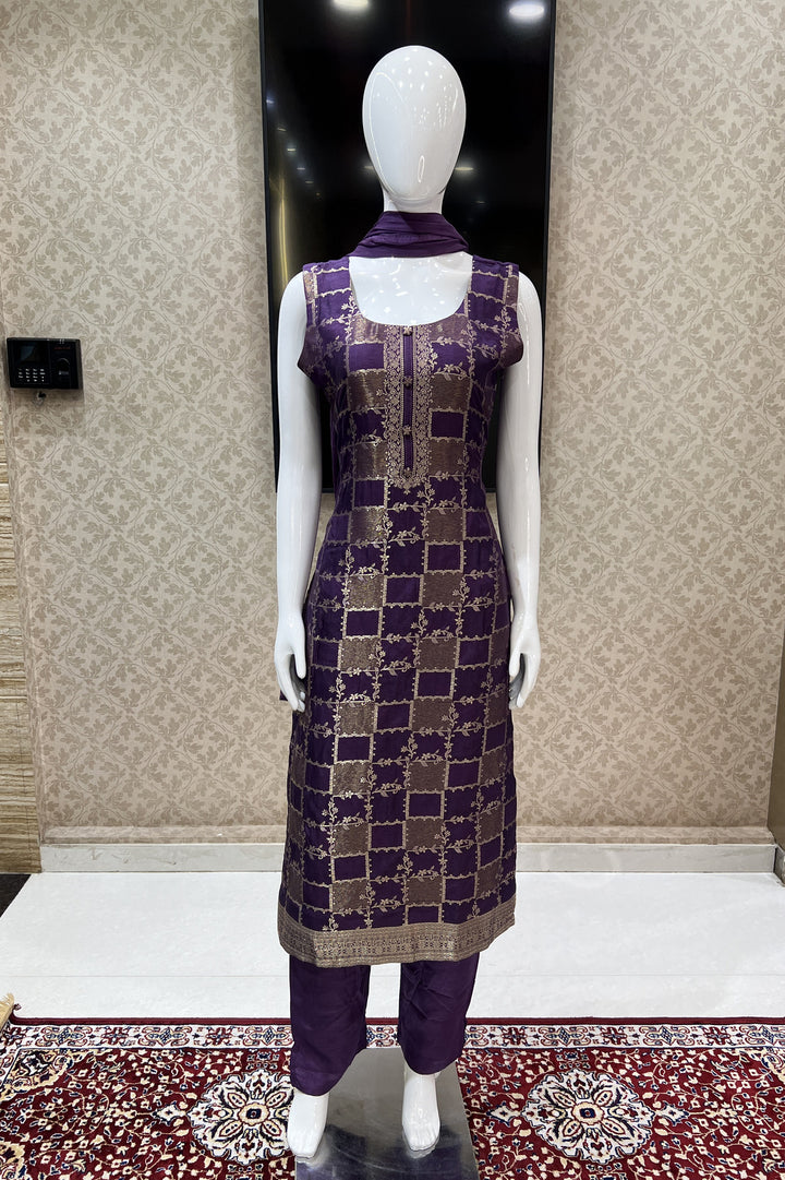 Purple Banaras work Straight Cut Salwar Suit