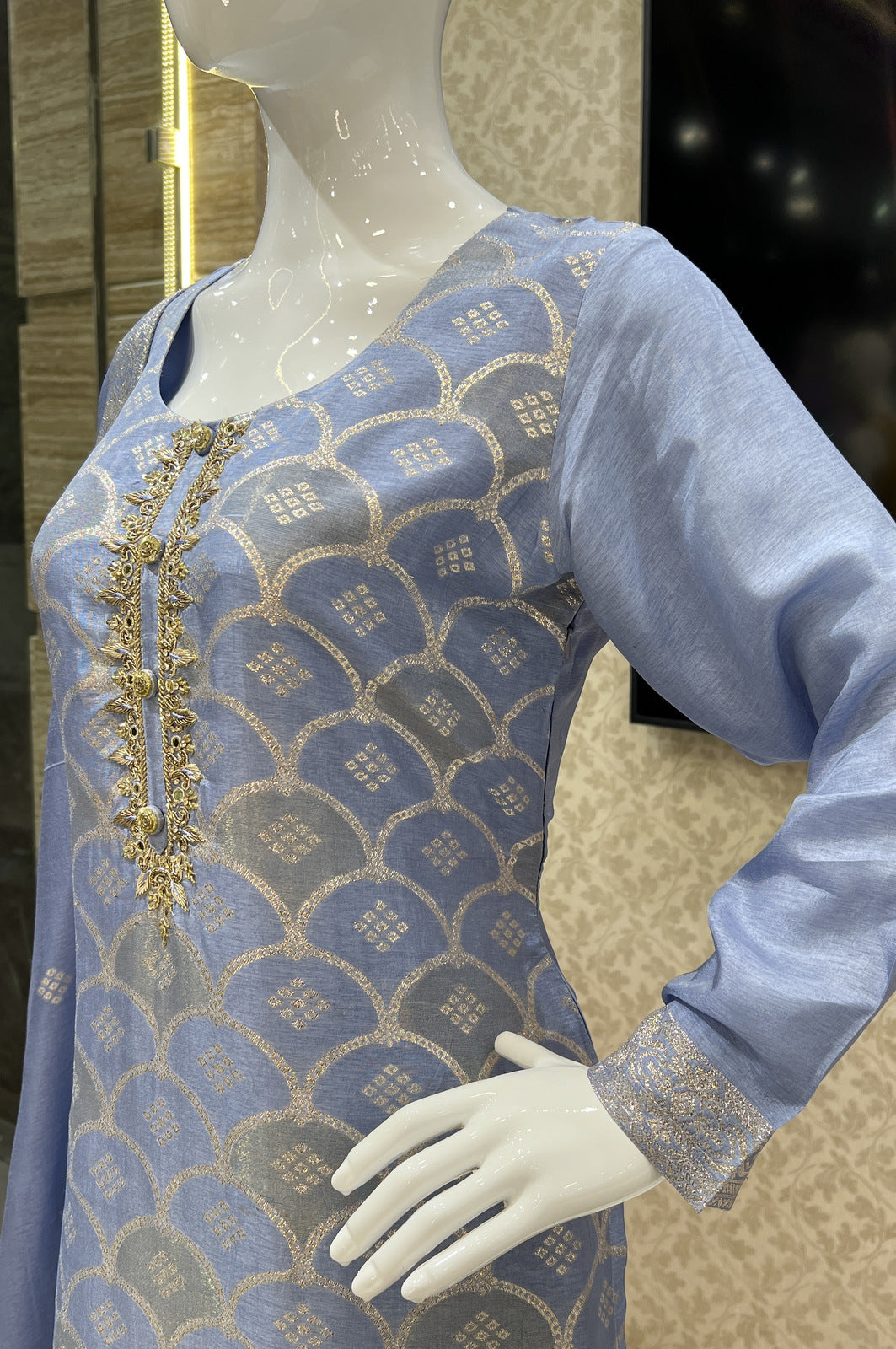 Sky Blue Zardozi, Mirror, Beads and Banaras work Straight Cut Salwar Suit