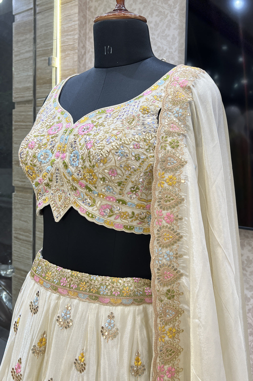 Cream Multicolor Embroidery, Gota Patti, Sequins and Zari work Crop Top Lehenga