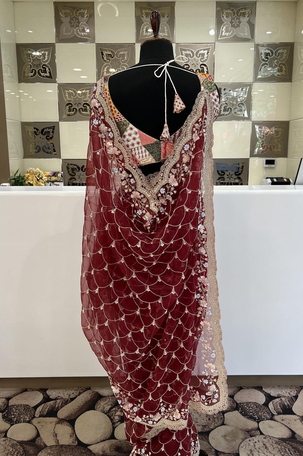 Maroon Sequins, Beads and Pearl work Saree with Matching Unstitched Designer Blouse - Seasons Chennai