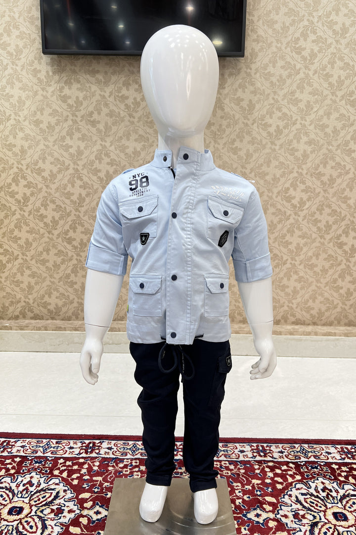 Light Blue with Navy Blue Casual wear Pant and Shirt Set for Boys