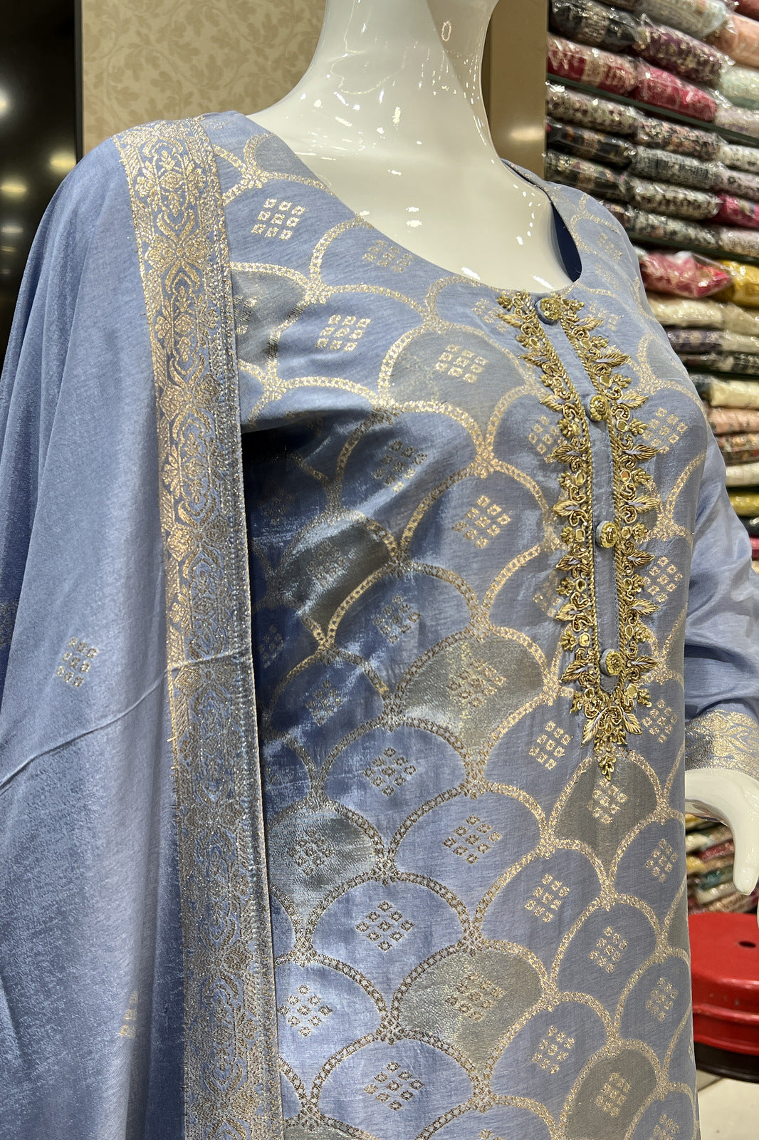 Sky Blue Zardozi, Mirror, Beads and Banaras work Straight Cut Salwar Suit