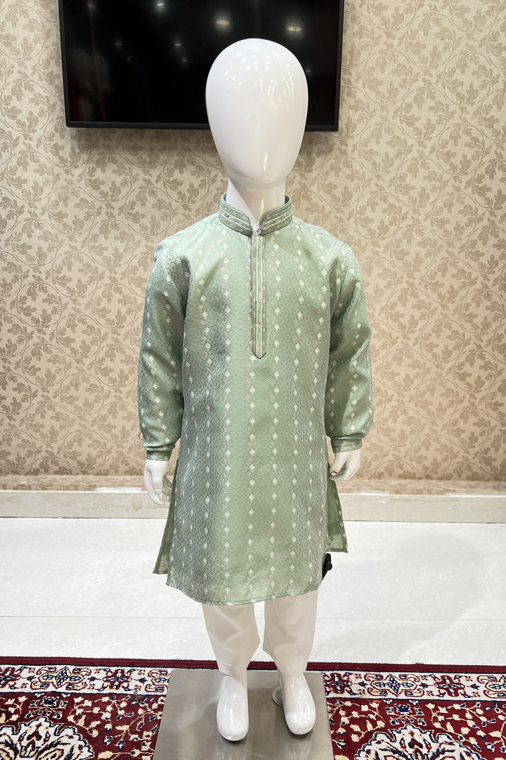 Pista Green with White Zari and Thread work Kurta Set for Boys