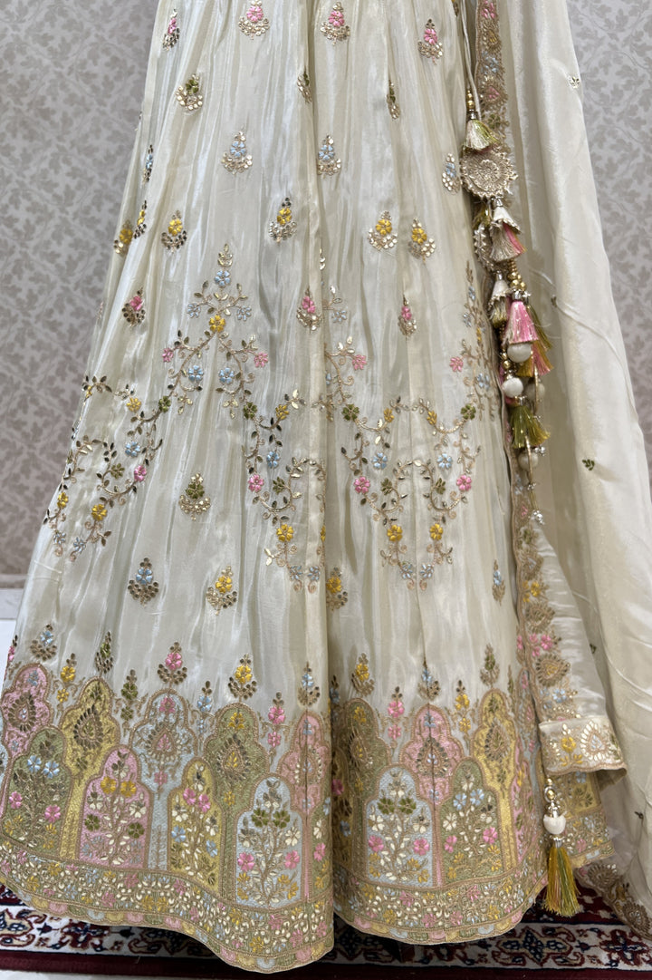 Cream Multicolor Embroidery, Gota Patti, Sequins and Zari work Crop Top Lehenga