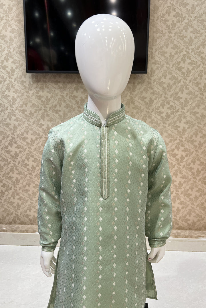 Pista Green with White Zari and Thread work Kurta Set for Boys