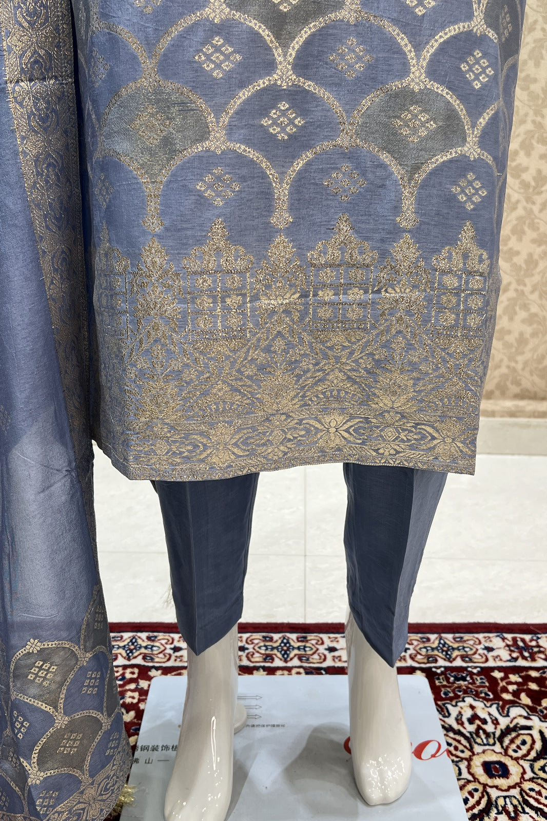 Sky Blue Zardozi, Mirror, Beads and Banaras work Straight Cut Salwar Suit