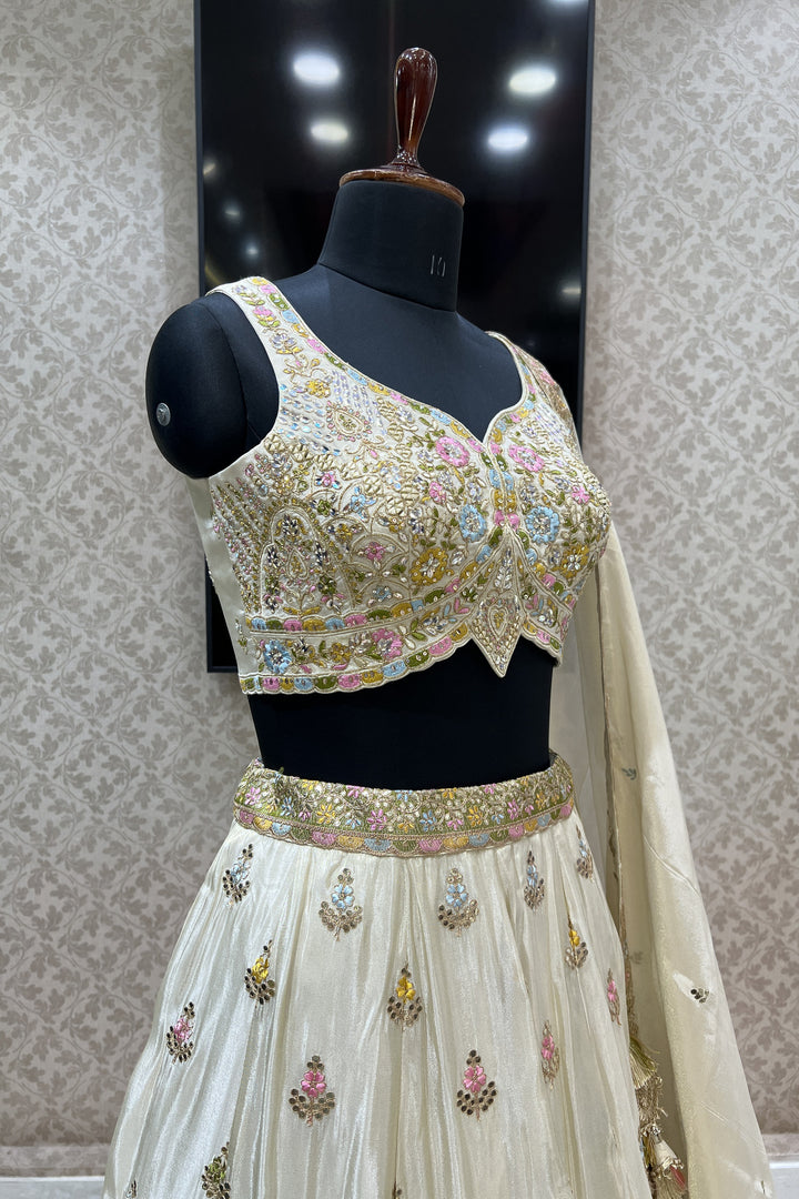 Cream Multicolor Embroidery, Gota Patti, Sequins and Zari work Crop Top Lehenga