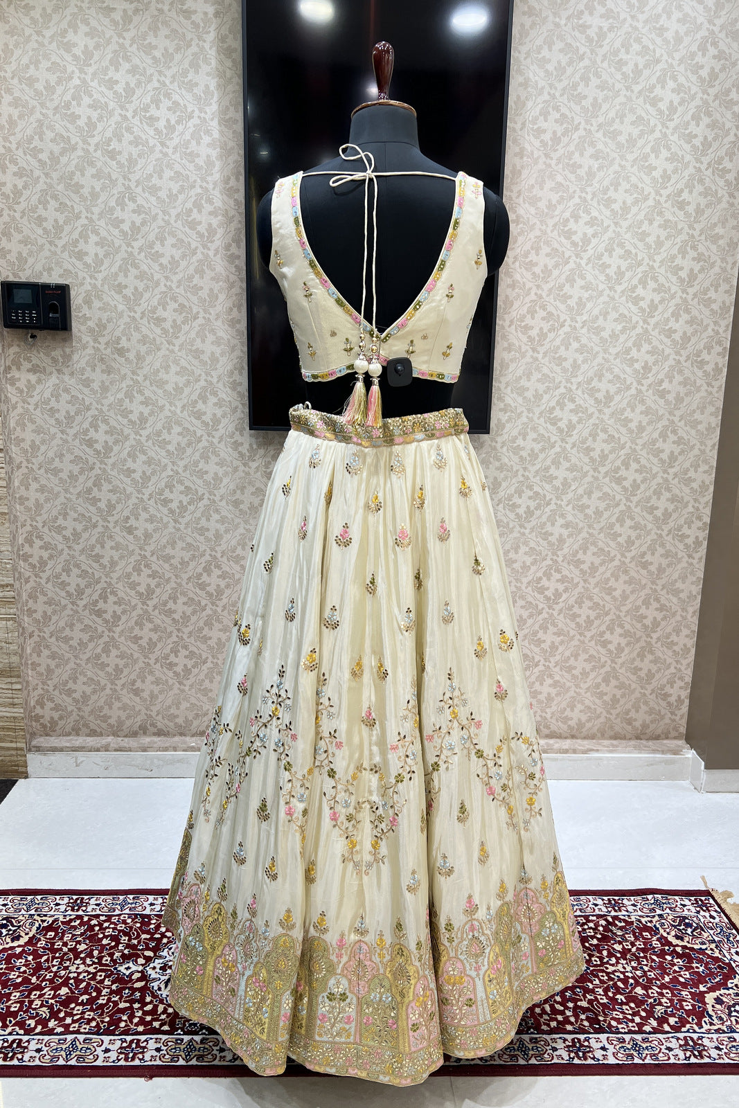 Cream Multicolor Embroidery, Gota Patti, Sequins and Zari work Crop Top Lehenga