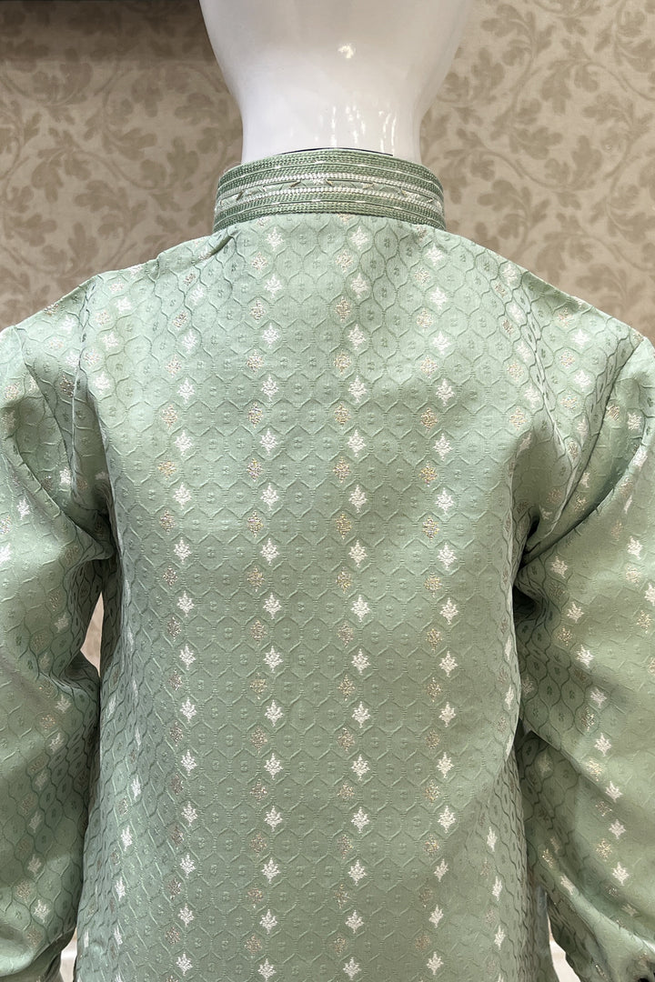 Pista Green with White Zari and Thread work Kurta Set for Boys