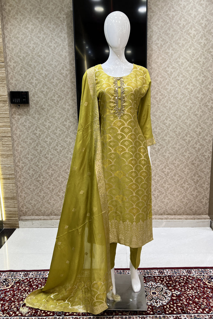 Olive Green Zardozi, Mirror, Beads and Banaras work Straight Cut Salwar Suit