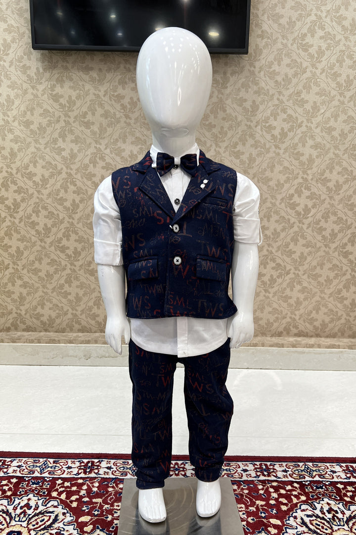 White with Navy Blue Waist Coat and Set for Boys